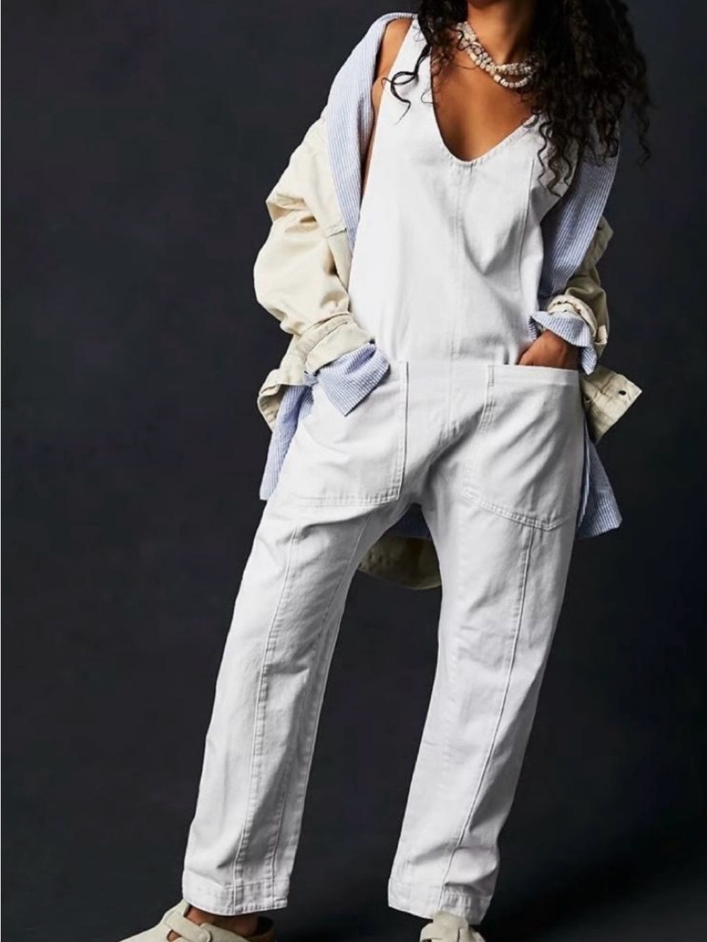We The Free White Utility Jumpsuit with Patch Pockets